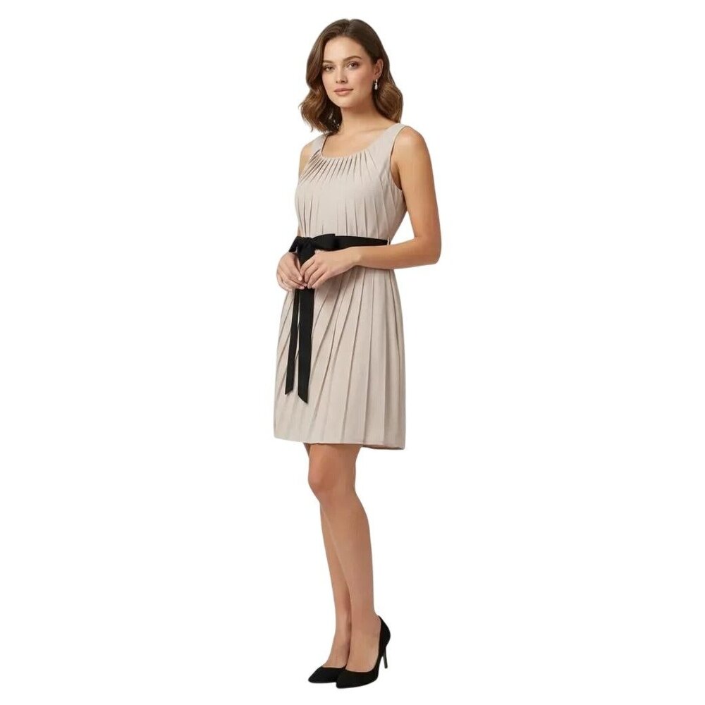 Lush Women's Shuttered Tuck With Black Sash Belt Cream Dress Size Medium